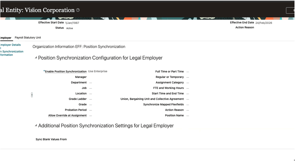 Position Synchronization Configuration for Legal Employer showing the available synchronization attributes