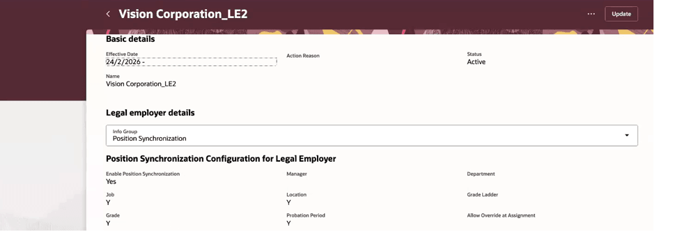 Legal employer details with Position Synchronization selected and configured attributes visible