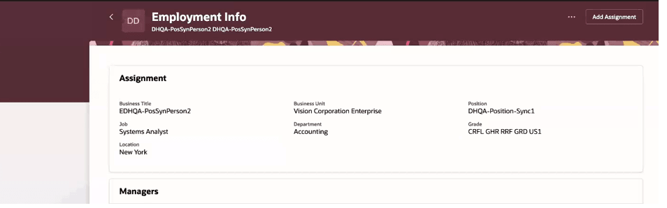 Employment Info page showing assignment details after position synchronization.