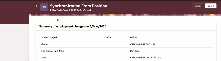 Summary of employment changes generated by position synchronization