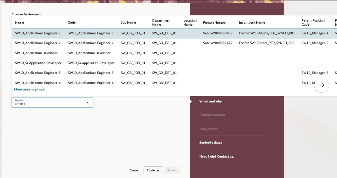 Position attributes displayed in the Position list