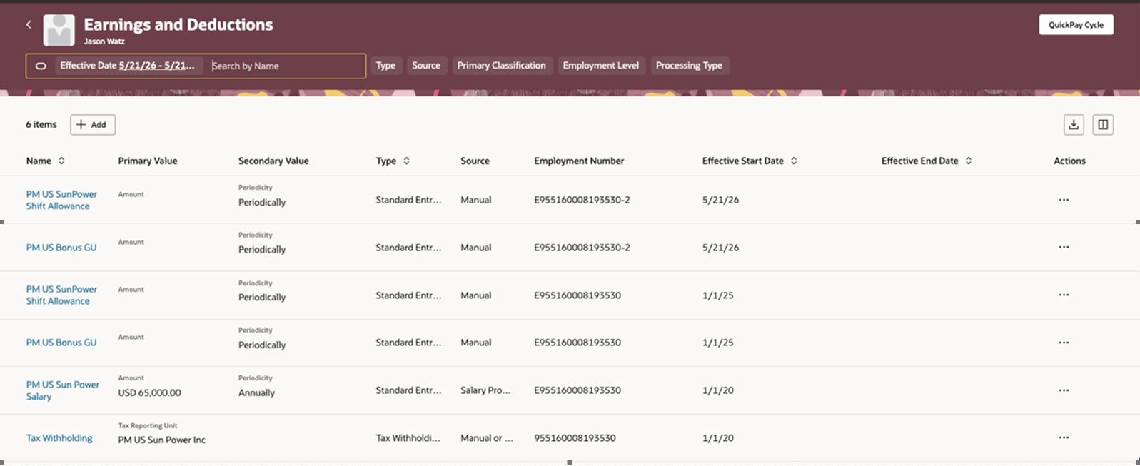 Hyperlink to go to the Earnings and Deductions page