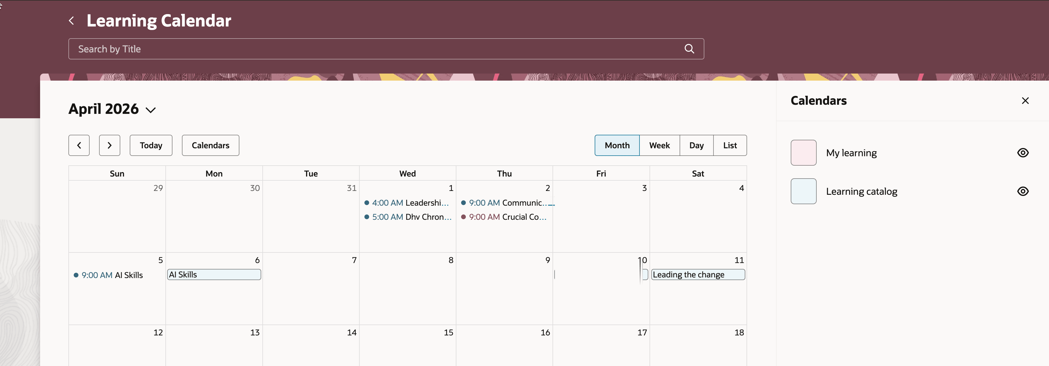 Learner Calendar Showing the Filters Drawer