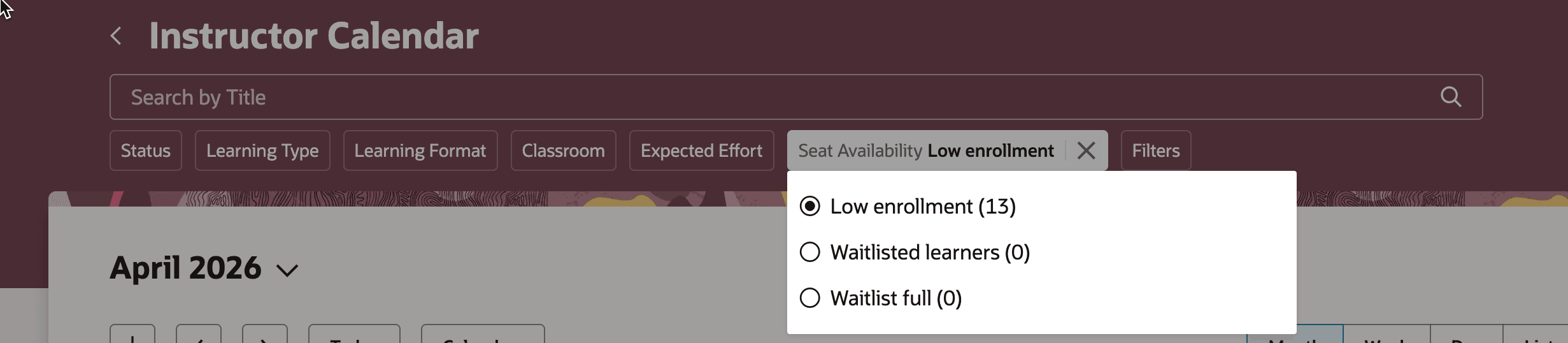 Instructor Calendar Showing the Seat Availability Filter