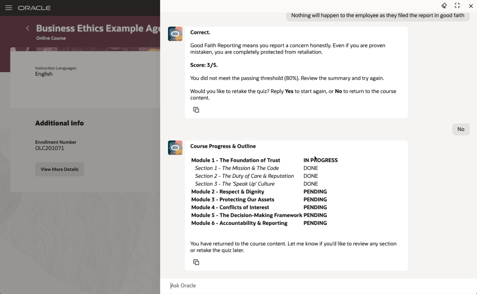A Learner taking the Business Ethics Example Agentic Learning