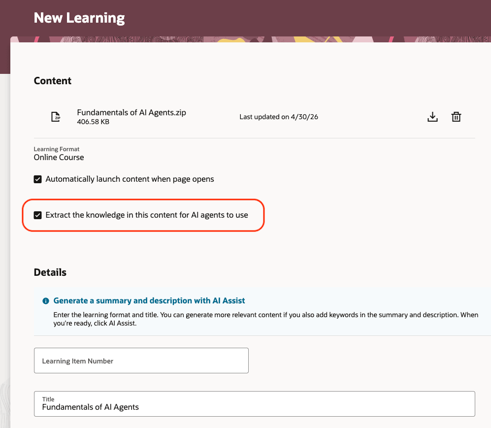New Learning Page with the New Checkbox Selected