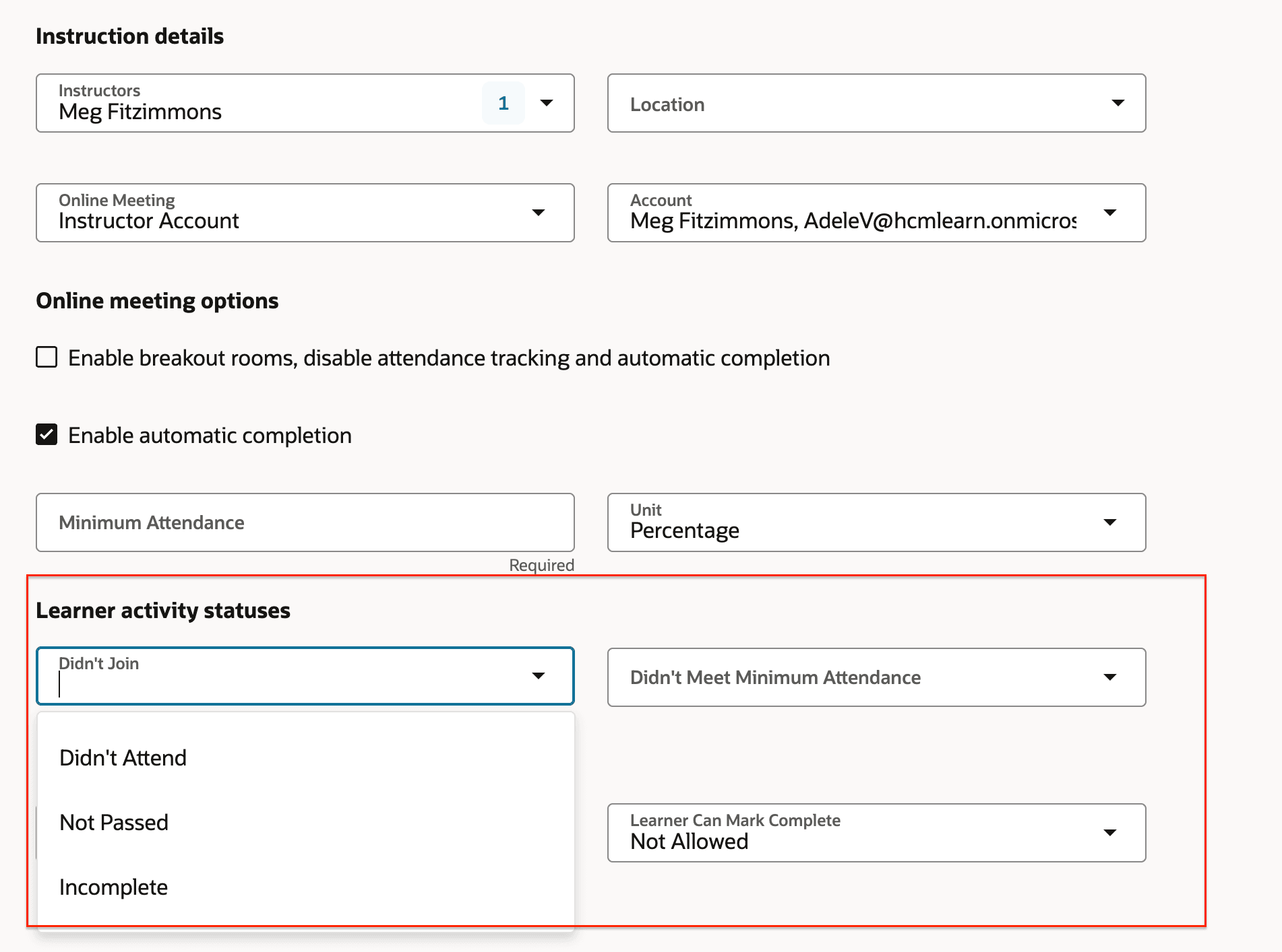 Learner Activity Status Settings