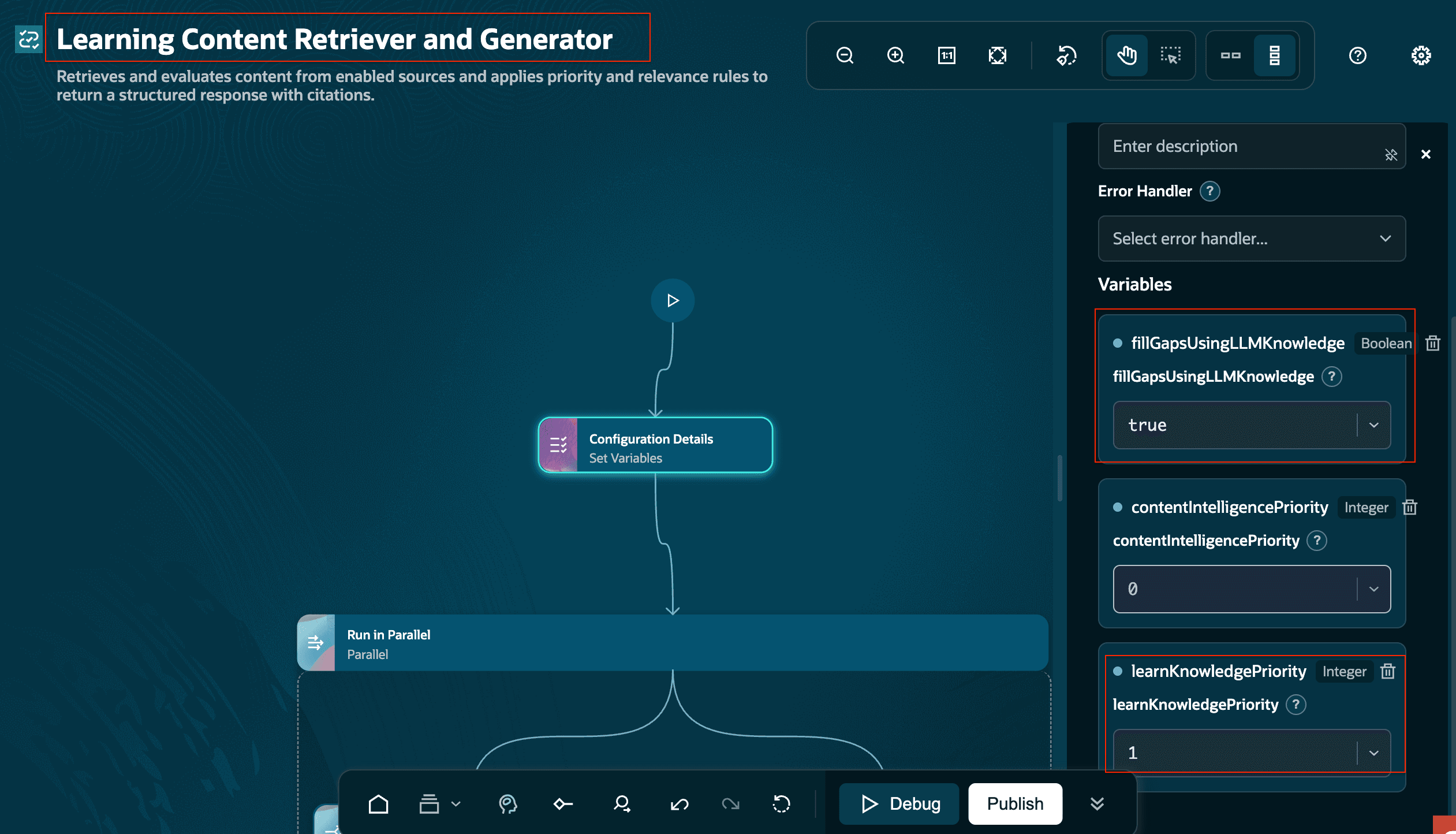 Configuring variables for Learning Content Retriever and Generator workflow agent