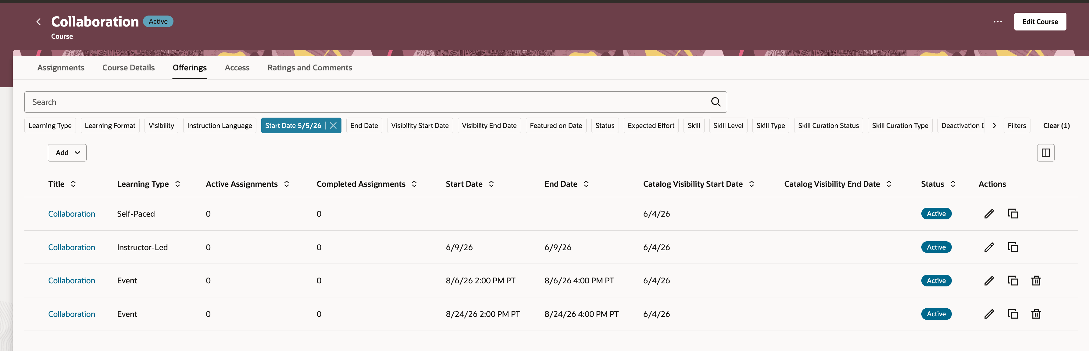 Course Offerings Page Showing Start and End Date Columns