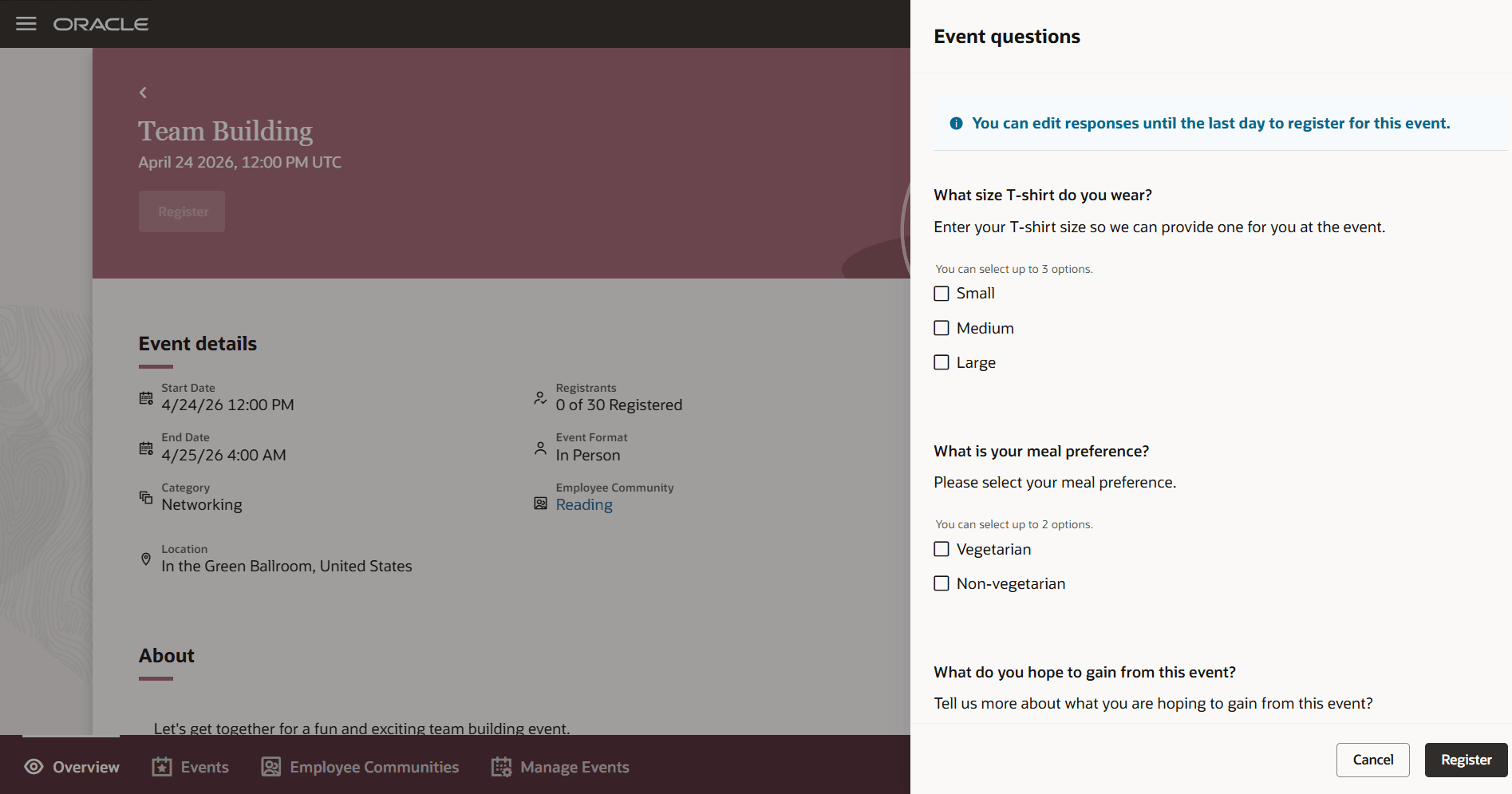 Registrant is presented with event questions