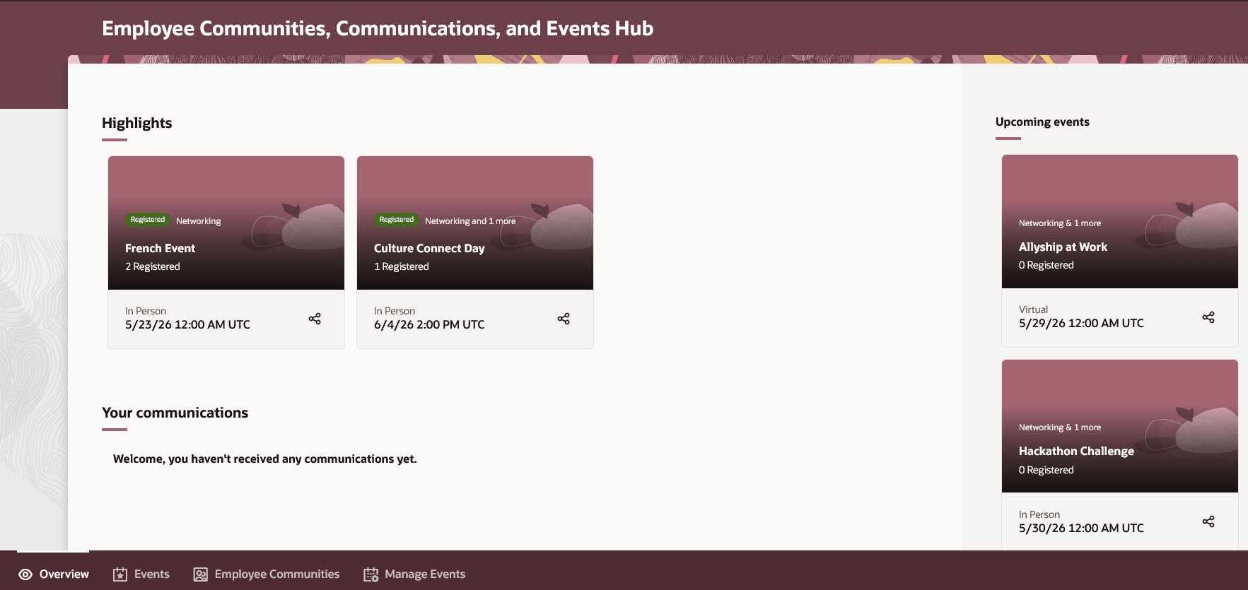 Screen capture of the Employee Communities, Communications, and Events Hub