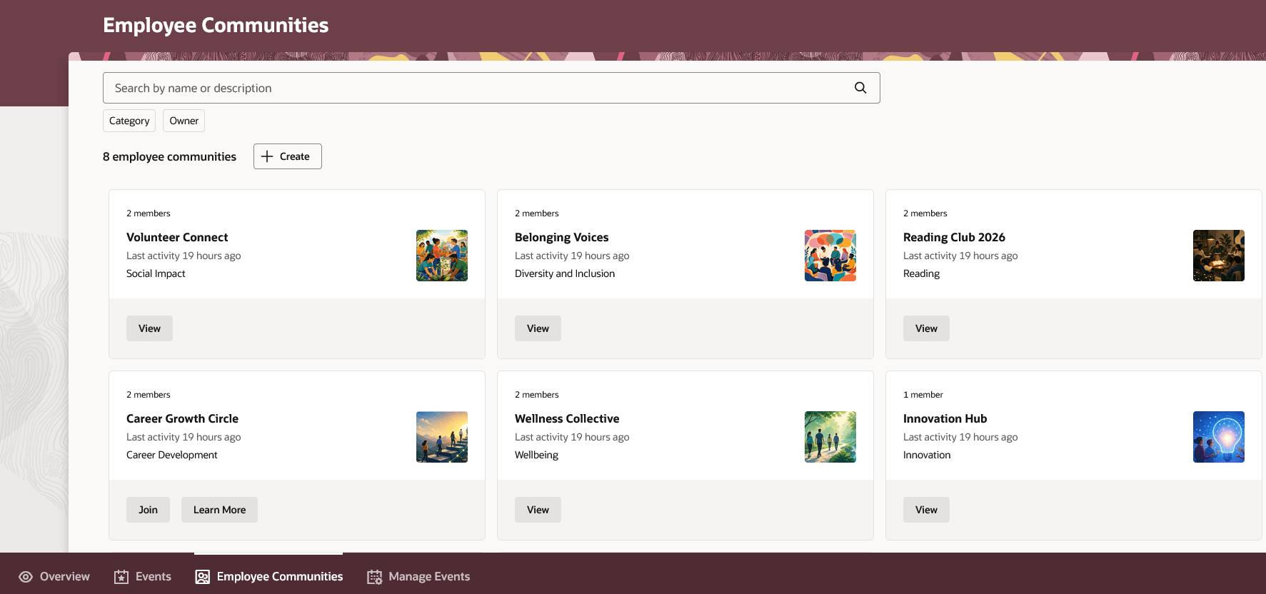 Screen capture of the Employee Communities page