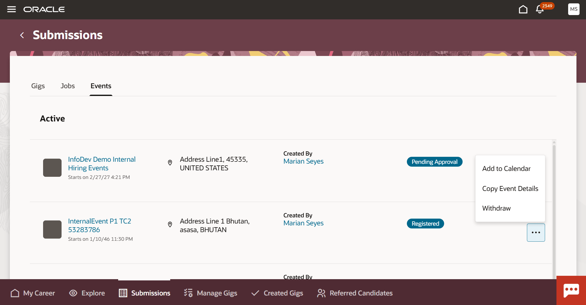 Events are Visible on the Submissions Page