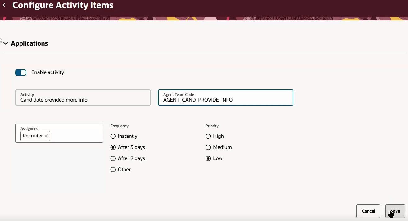 Agent Team Code When Configuring an Activity Item