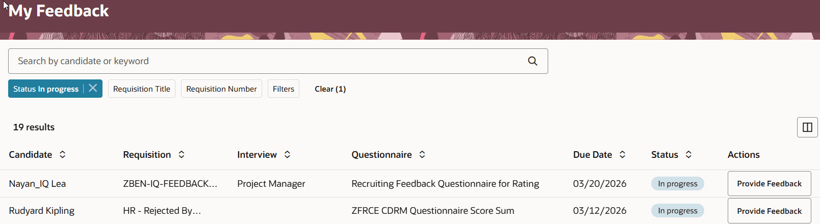 My Feedback Page in the Interviews Area