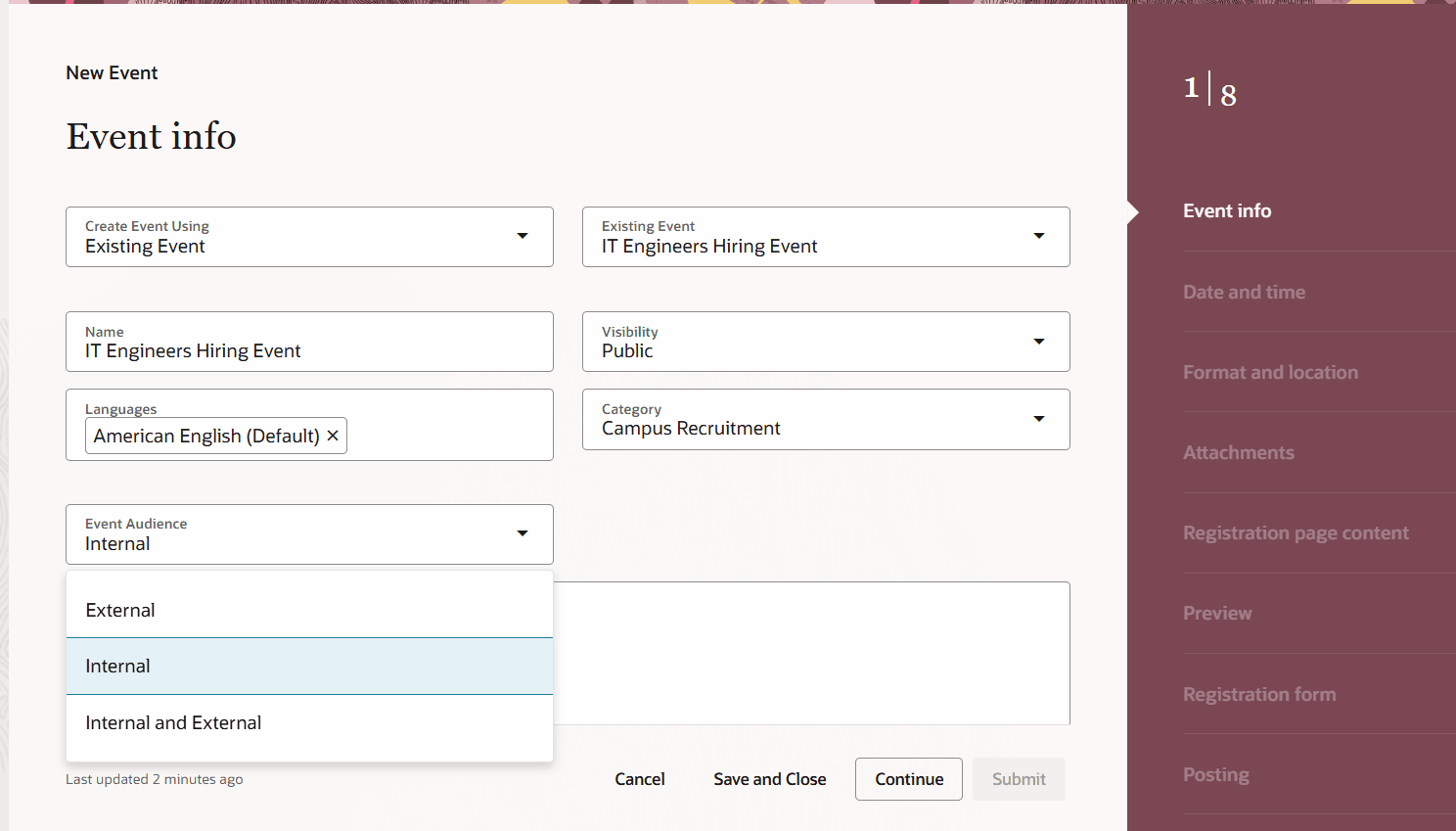 Select Internal for the Event Type