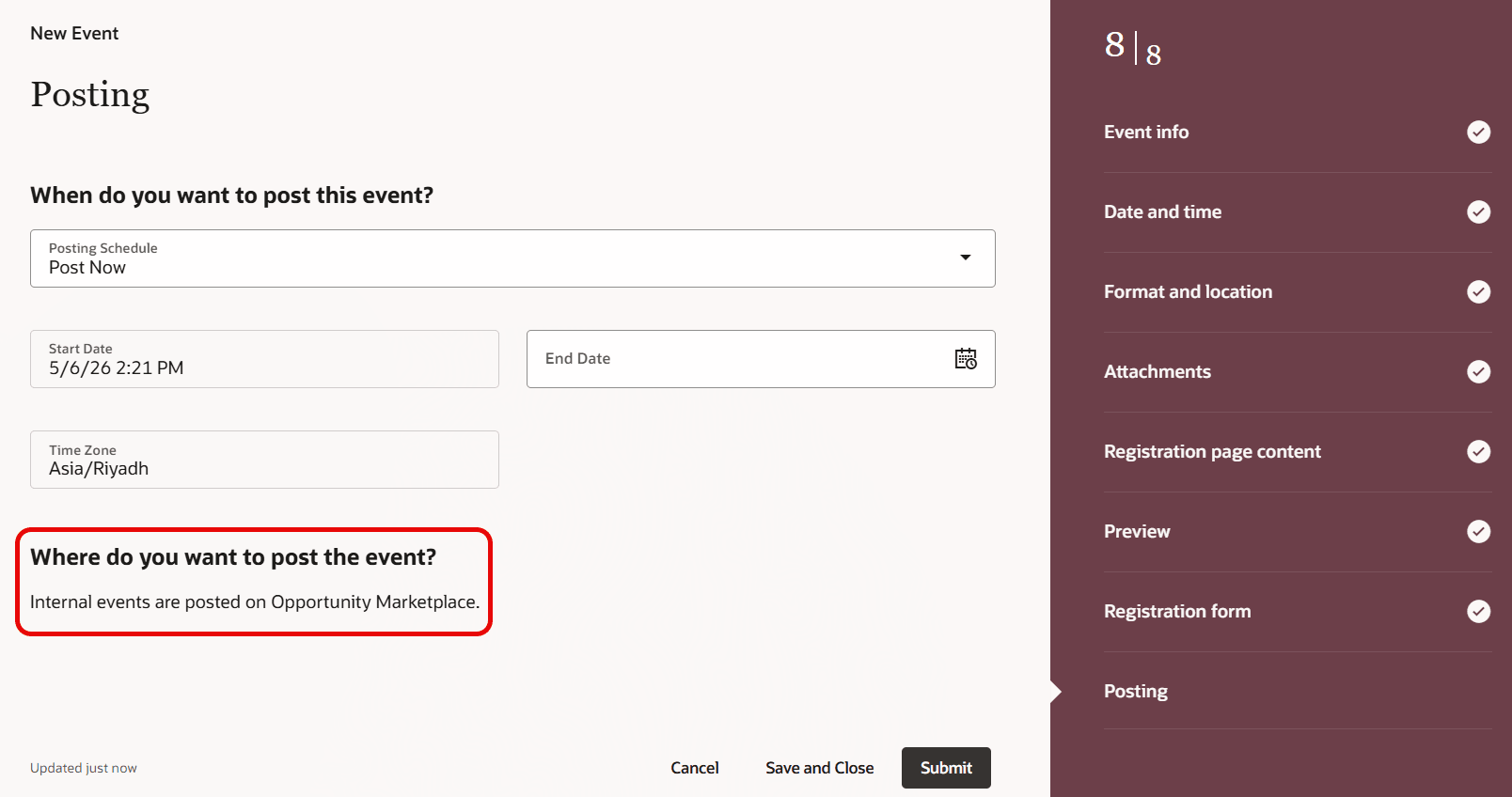 Internal events are posted to Opportunity Marketplace
