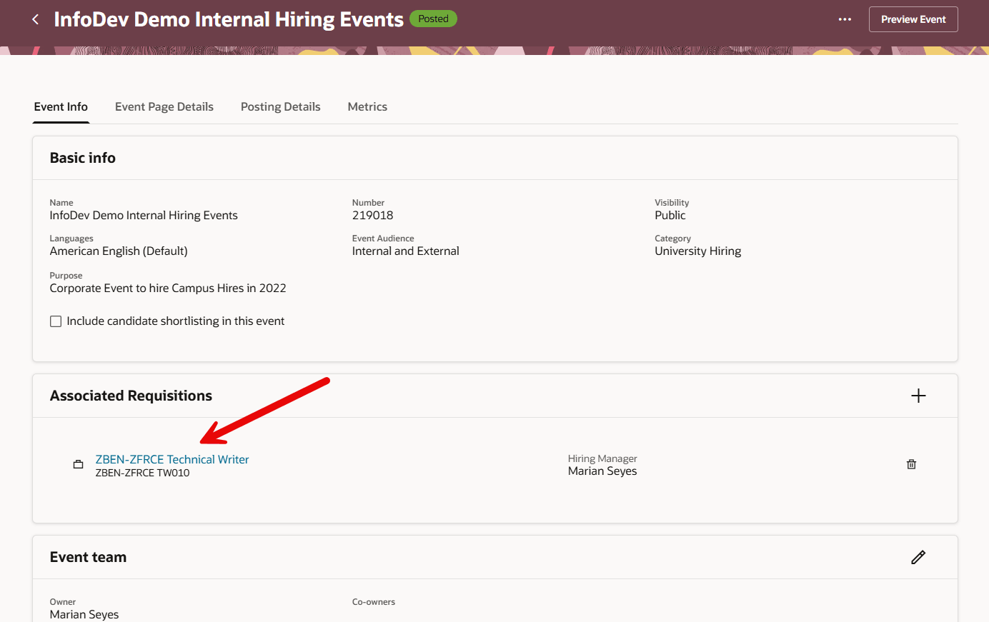 Open Requisition Details from Event Info tab