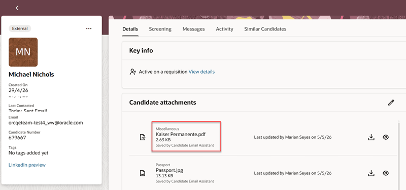 Attachment Saved to the Candidate Profile