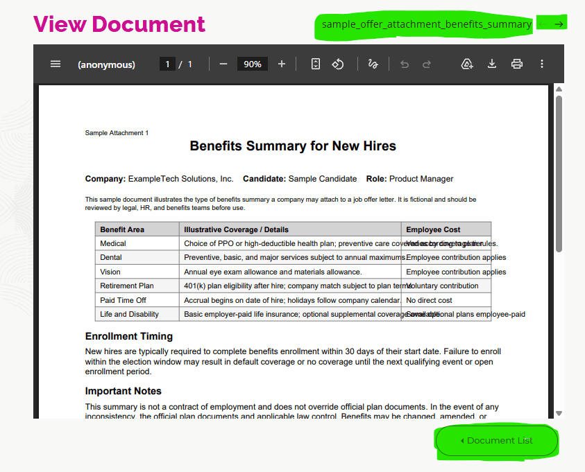 Document viewer screen will be displayed once candidate click on the document link from the Review Documents screen