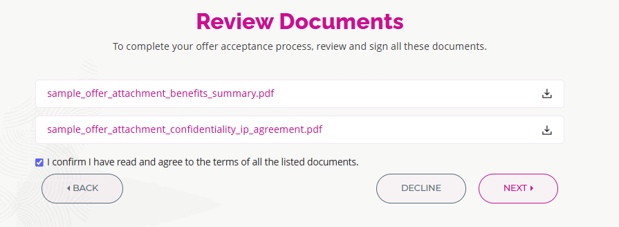 Candidate needs to accept the conditions by clicking checkbox to enable Next button and accept the Job offer