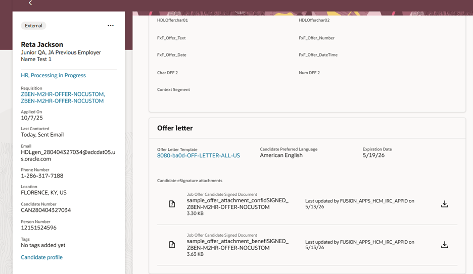 Recruiter can view the signed documents in Offer letter section of View Job Offer screen