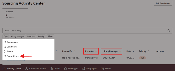 Requisition Activities on the Sourcing Activity Center