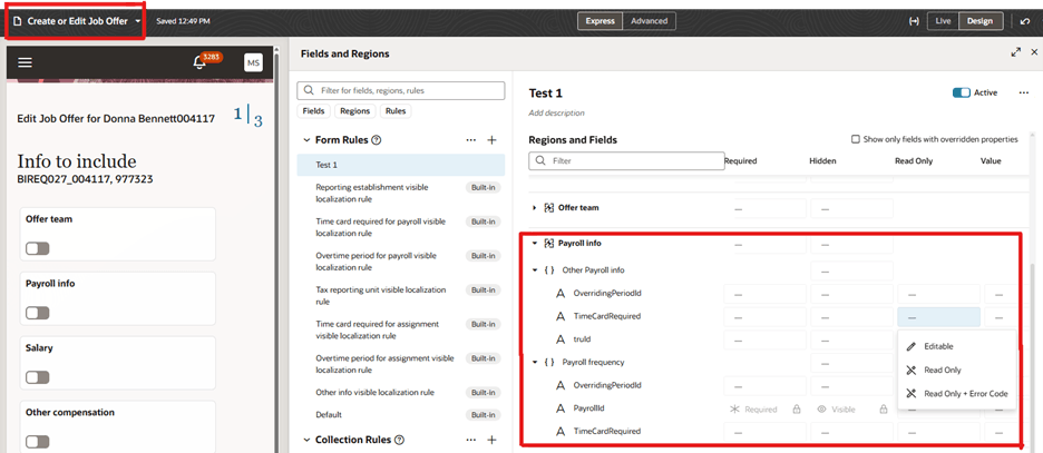 Create Business Rules for the Payroll Info Region