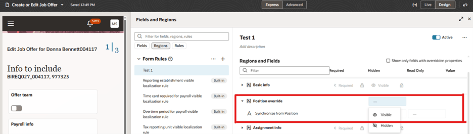 Create Business Rules for the Position Override Region