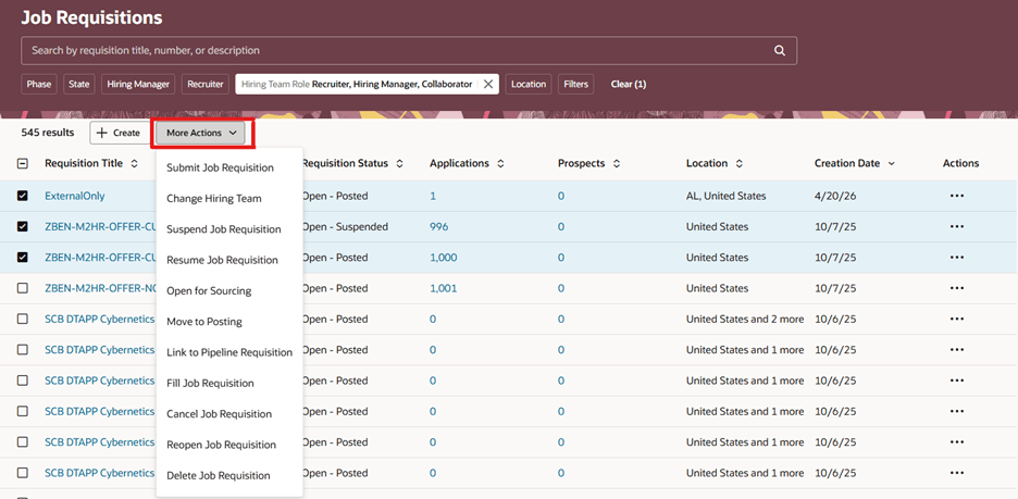 Bulk Actions Available on the Job Requisitions List