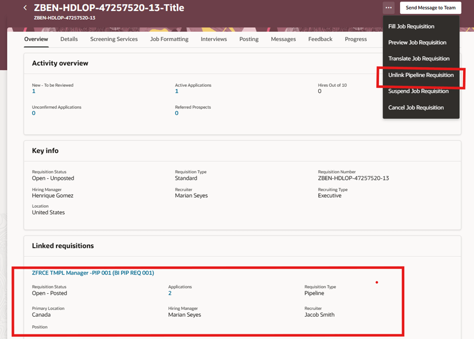 Unlink Pipeline Requisition Action