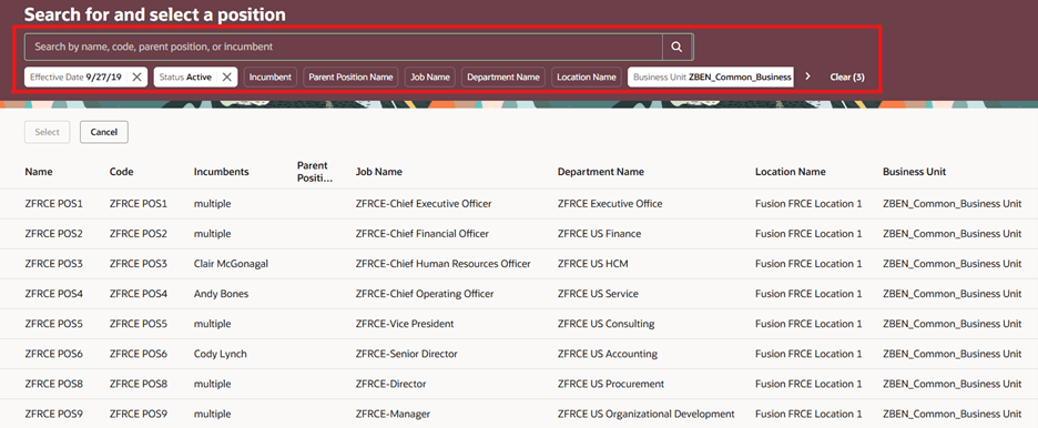 Business Unit and Effective Date filters selected by default