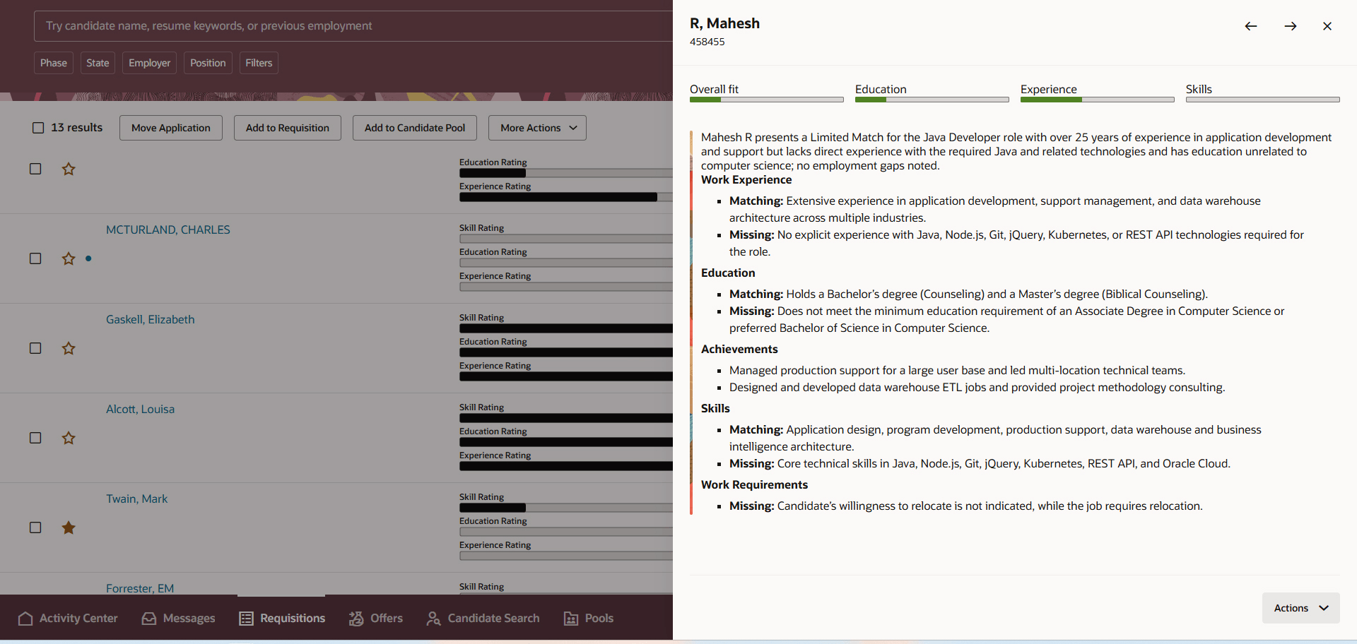 Drawer Displaying Candidate Overview Summary