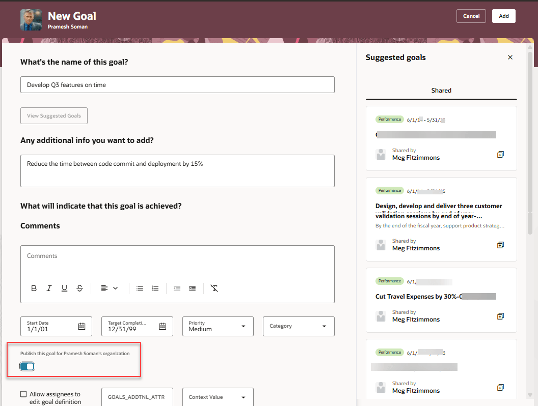 New Goal page with the switch to publish the goal to the organization of a manager highlighted