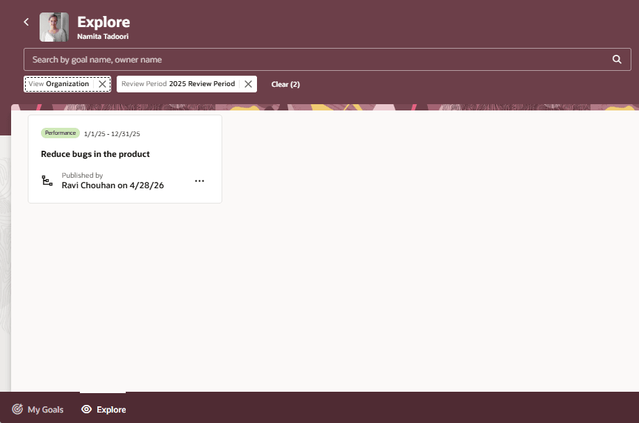 Organization goals on Explore tab