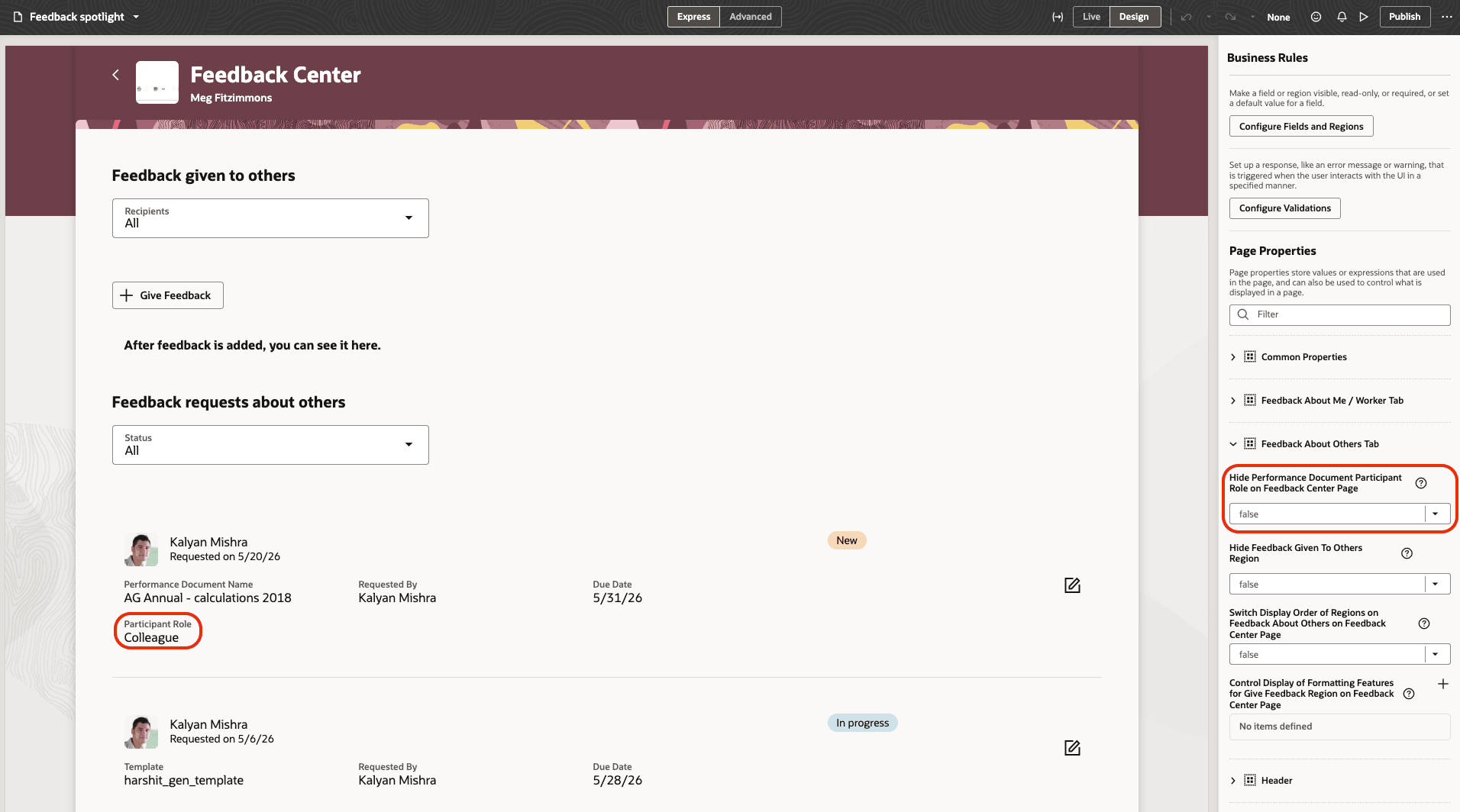 Page property to control the display of participant role