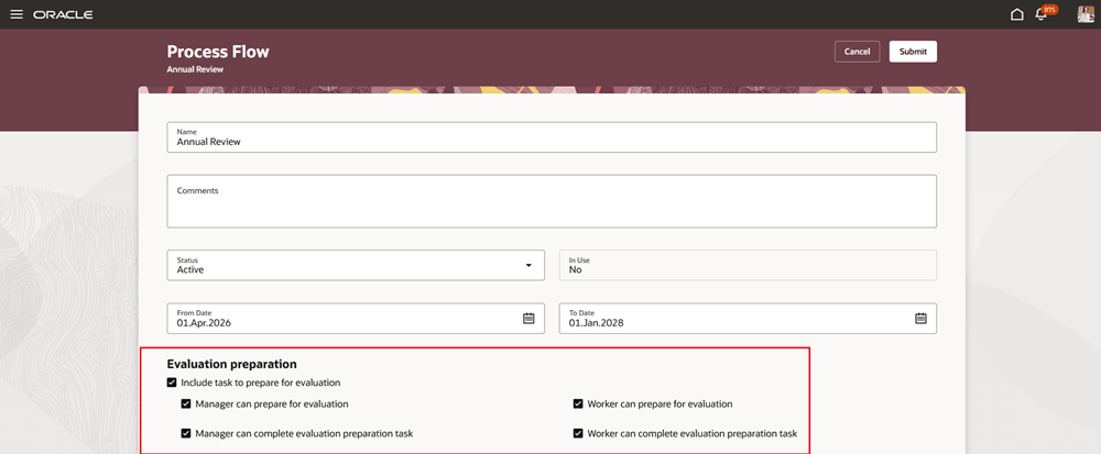 Screenshot of the Redwood Process flow with the evaluation preparation section and options highlighted.