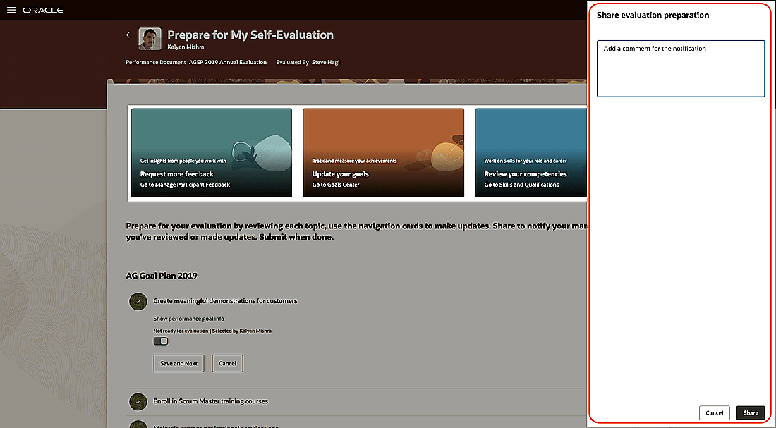 Screenshot of the worker performance document with the share evaluation preparation panel drawer highlighted.