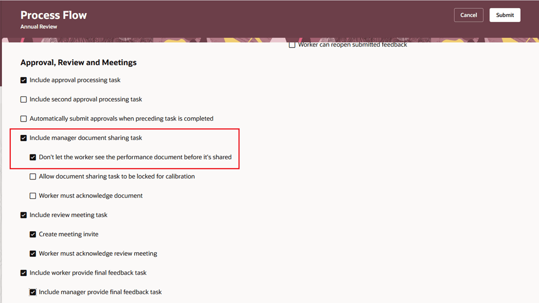 Screenshot of a Redwood Process Flow with the Include manager sharing task and it's options highlighted.