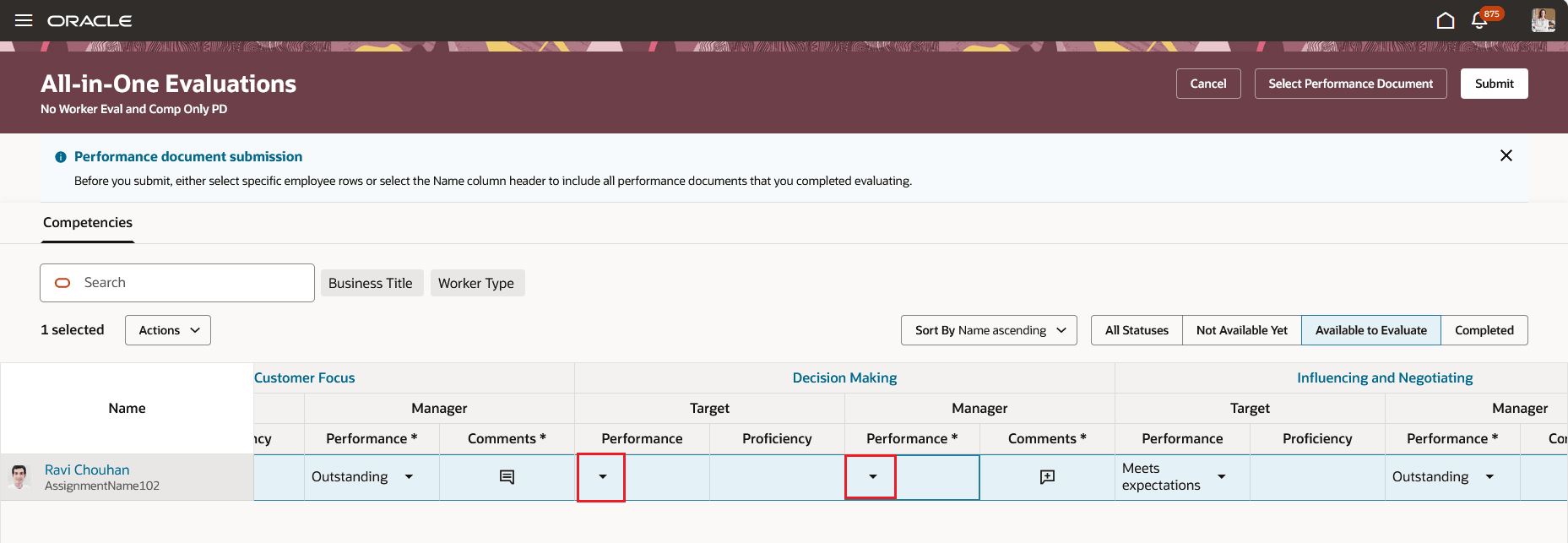 Screenshot of the All-in-One Evaluations page with the editable indicator highlighted in the performance ratings column.