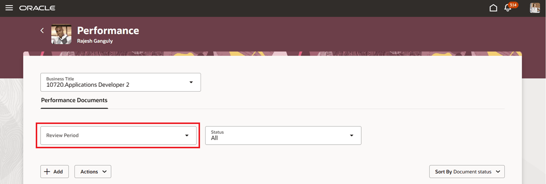 Screenshot of the employee spotlight page with the review period list highlighted.