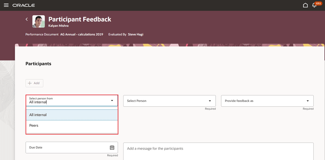 Screenshot of the Participant Feedback page that highlights the Select person from list with the values for suggestions and team hidden