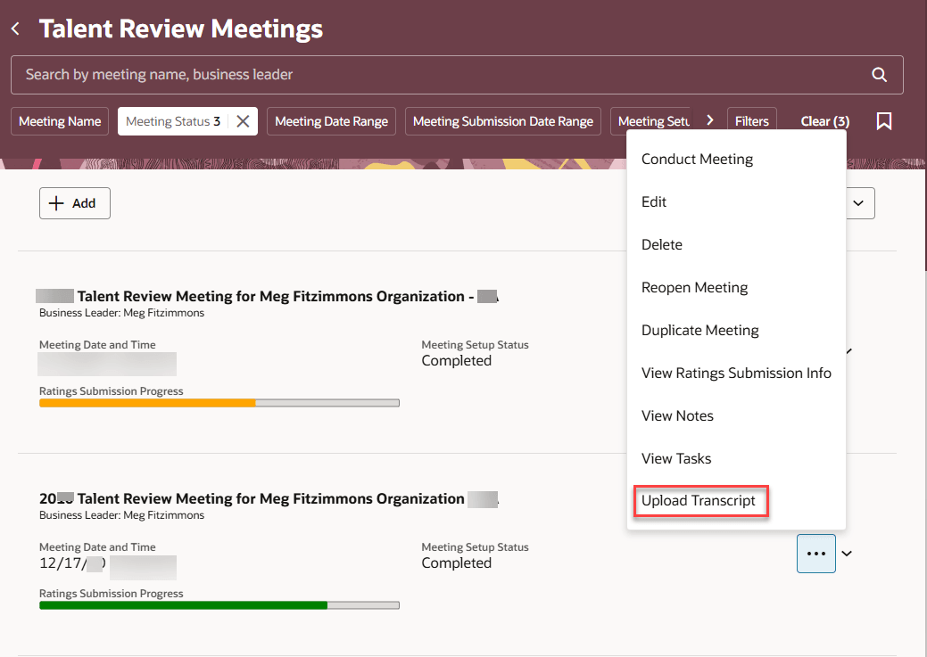 Talent Review Meetings overview page