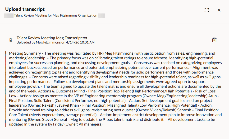 Upload transcript panel showing the generated meeting transcript summary