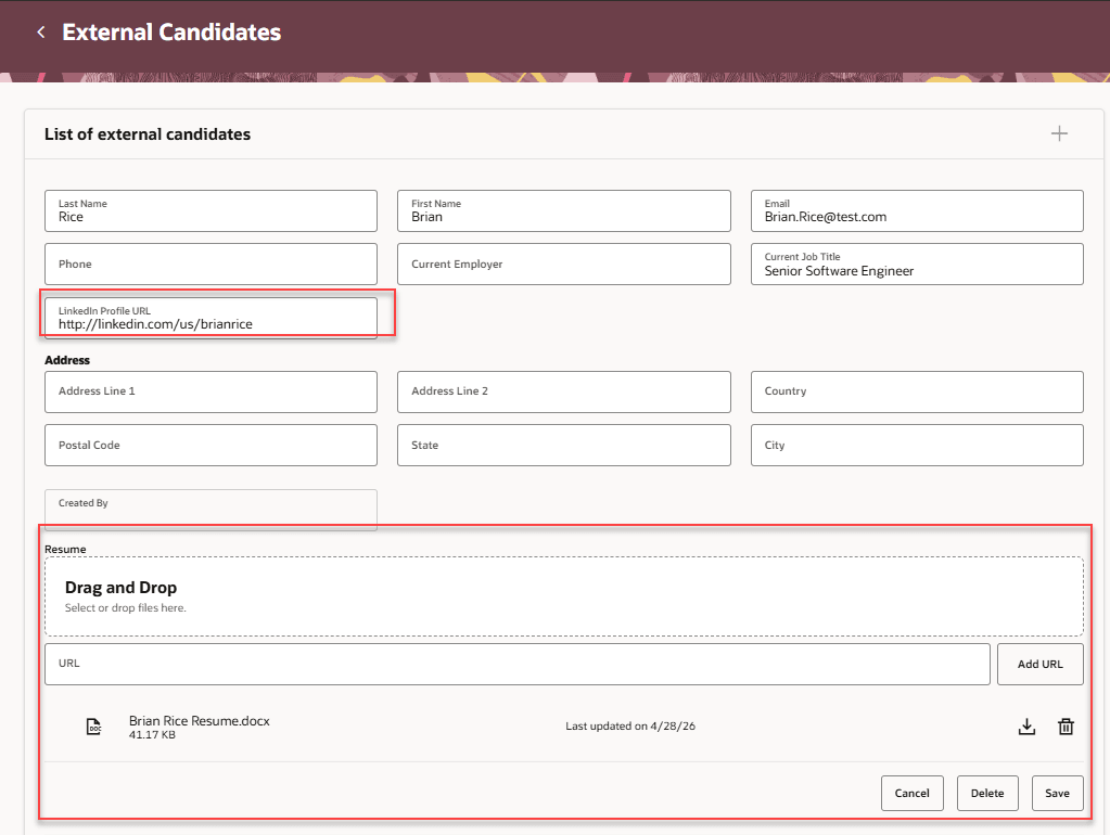 External Candidates page showing the details of an external candidate