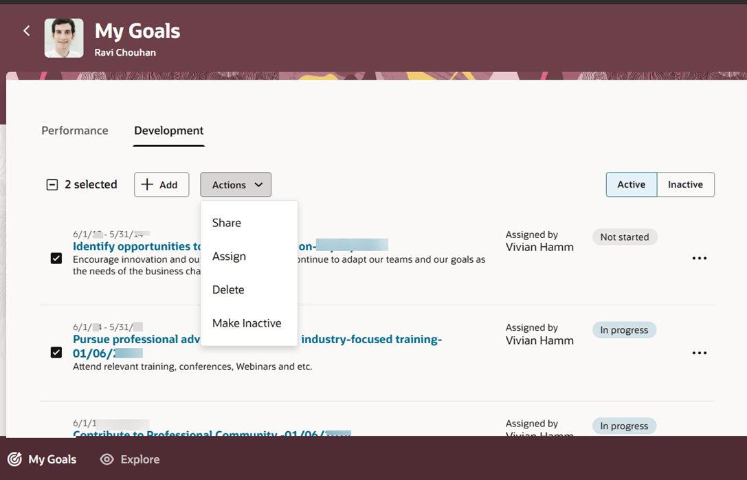 Development tab of the My Goals page of a manager