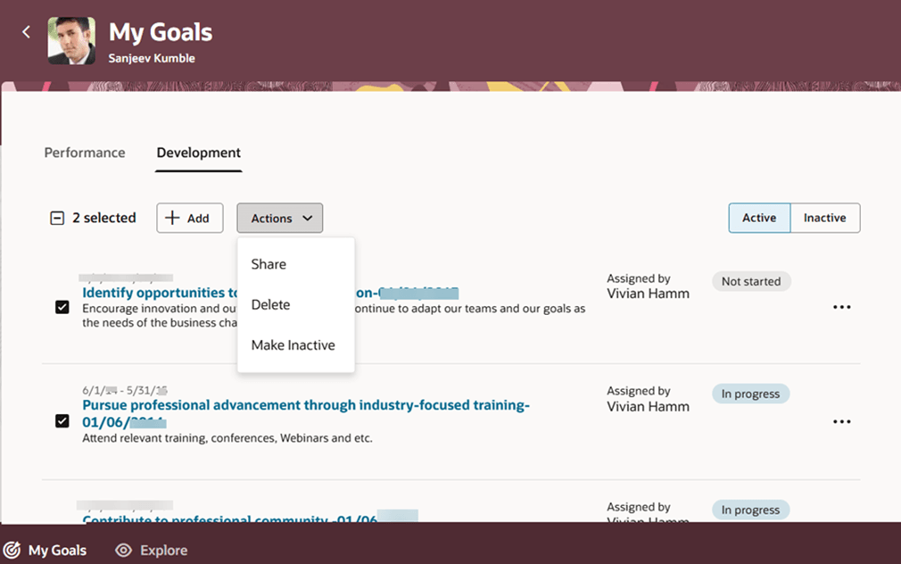 Development tab of the My Goals page of an employee
