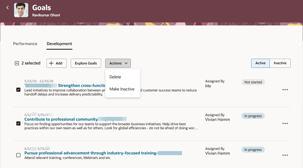 Goals page of a team member with multiple goals selected