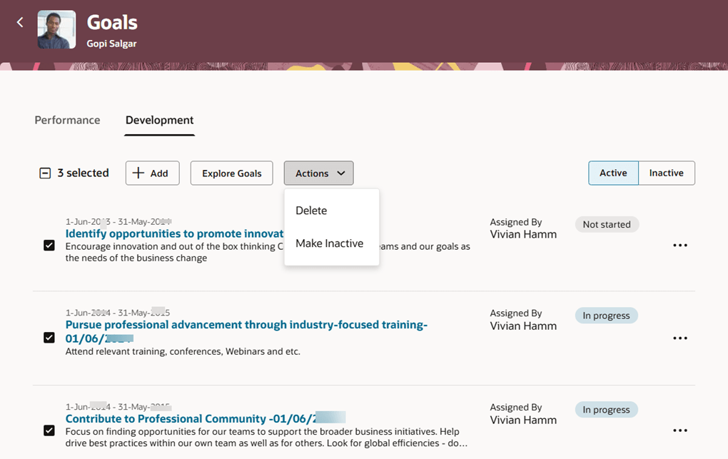 Development tab of the Goals page of an employee accessed by an HR specialist