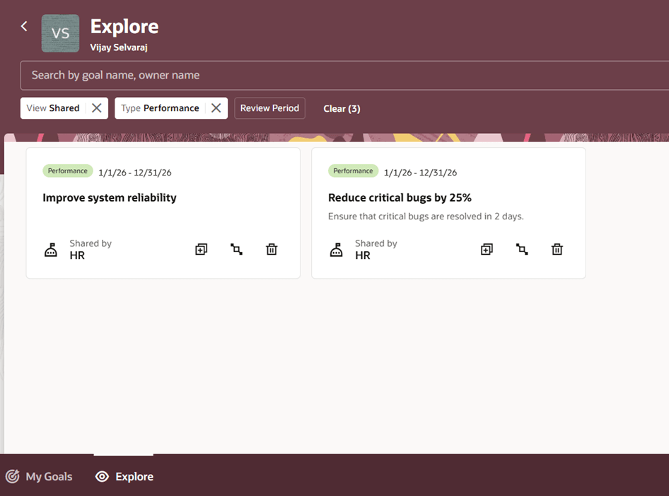 Shared performance goals on Explore tab